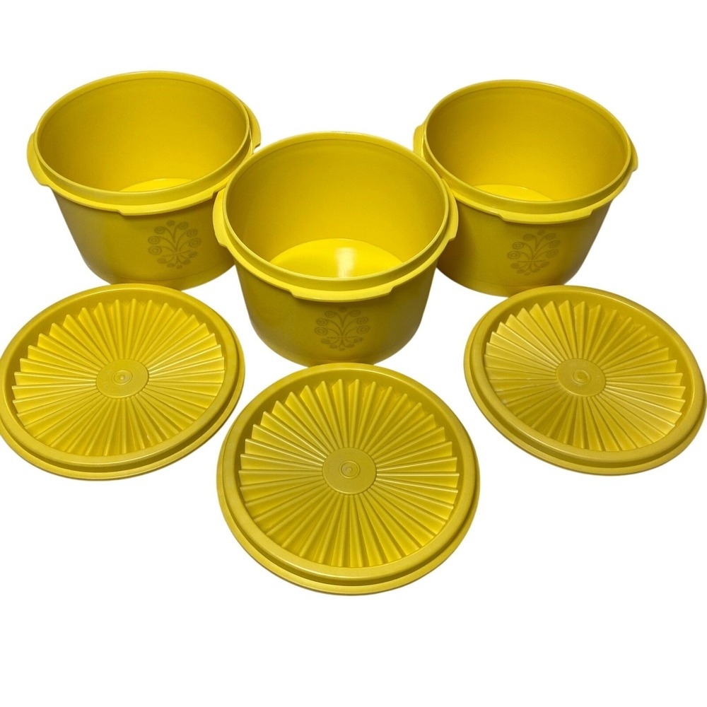 Vintage Tupperware Goldenrod Servalier Bowl Set 3‎ Bowls 3 Lids Floral Pattern